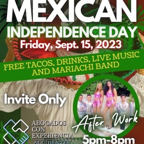 Anuncio de evento para celebrar el Día de la Independencia de México el viernes 15 de septiembre de 2023, organizado por 'Abogados con Experiencia'. El evento ofrece tacos gratis, bebidas, música en vivo y una banda de mariachi. La invitación es solo para invitados ('Invite Only') y se llevará a cabo de 5 p.m. a 8 p.m. en 611 South 6th Street, Las Vegas, NV 89101. Incluye una imagen de un grupo musical y los logotipos de 'Abogados con Experiencia'.
