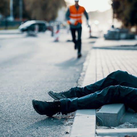 Trabajador de la construcción tirado en el suelo junto a una acera en una obra vial, aparentemente herido. Otro trabajador con chaleco de seguridad naranja corre hacia él para asistirlo. La escena muestra un posible accidente laboral en una carretera en construcción.