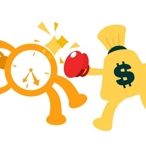 Pelear con una bolsa de oro contra el tiempo, ilustración de diseño plano en estilo de caricatura