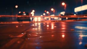 Cinta amarilla de la ley que aísla la escena del crimen con vista borrosa de la calle de la ciudad, iluminada en tonos rojos y azules de luces de patrulla policial
