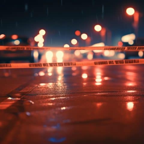Cinta amarilla de la ley que aísla la escena del crimen con vista borrosa de la calle de la ciudad, iluminada en tonos rojos y azules de luces de patrulla policial