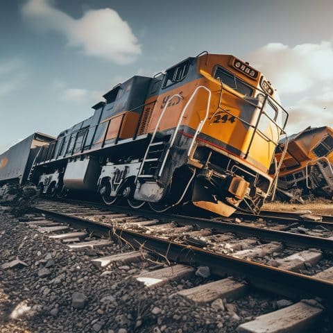 Un accidente de descarrilamiento de un tren diésel en la vía férrea.