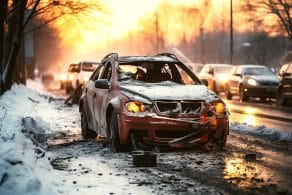 Accidente de coche en invierno en una carretera resbaladiza con nieve y hielo debido a conducción peligrosa por intoxicación.