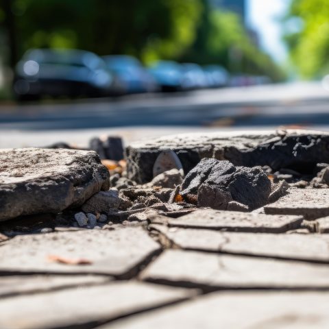 Baches y pavimento agrietado en una calle urbana con árboles y coches estacionados al fondo. El deterioro de la carretera es visible, con trozos de asfalto levantados y dañados, lo que representa un posible peligro para vehículos y peatones.