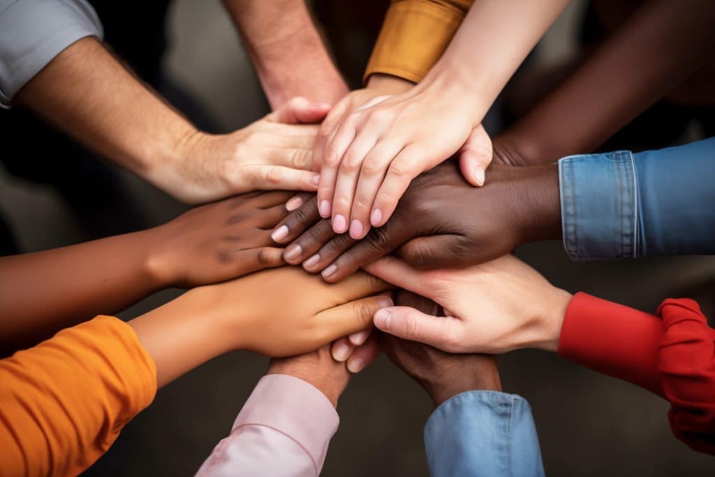 foto de primer plano de manos diversas unidas, simbolizando unidad e inclusividad, amistad multirracial
