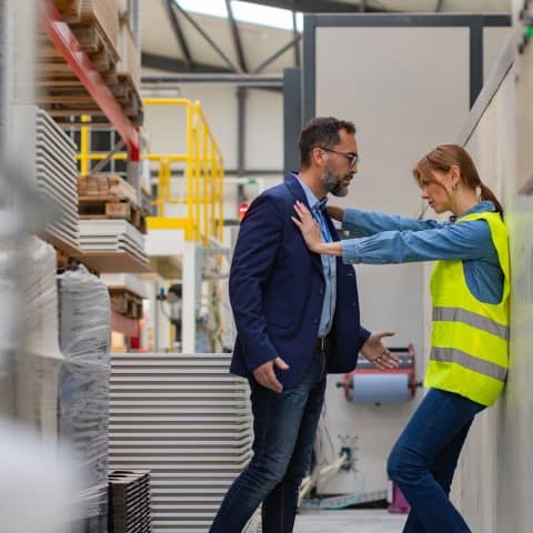 Trabajadora en una fábrica sintiéndose vulnerable e intimidada por un superior, con contacto físico forzado en el lugar de trabajo. Acoso sexual en el trabajo.