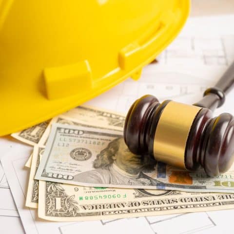 Casco de seguridad amarillo, mazo de juez de madera con detalles dorados y billetes de dólares sobre planos de construcción. La imagen representa la relación entre la legislación, la industria de la construcción y aspectos financieros, como disputas legales o regulaciones en proyectos de construcción.